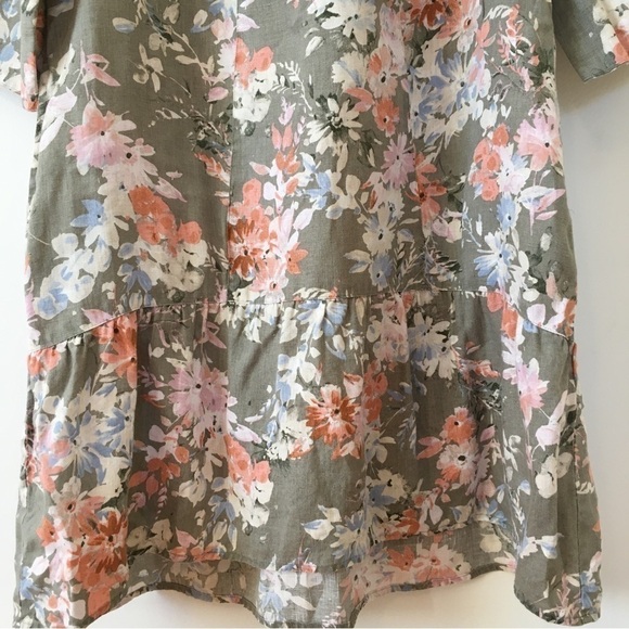 J. Jill 100%  Linen  Floral Ruffle Hem 3/4 long sleeves Crew Neck Relaxed Dress - Picture 6 of 16